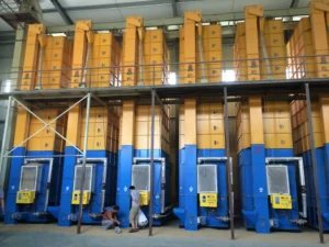 Close-up of Presun 5HPX-30C batch recirculating paddy rice dryer showing PLC control panel and modular design