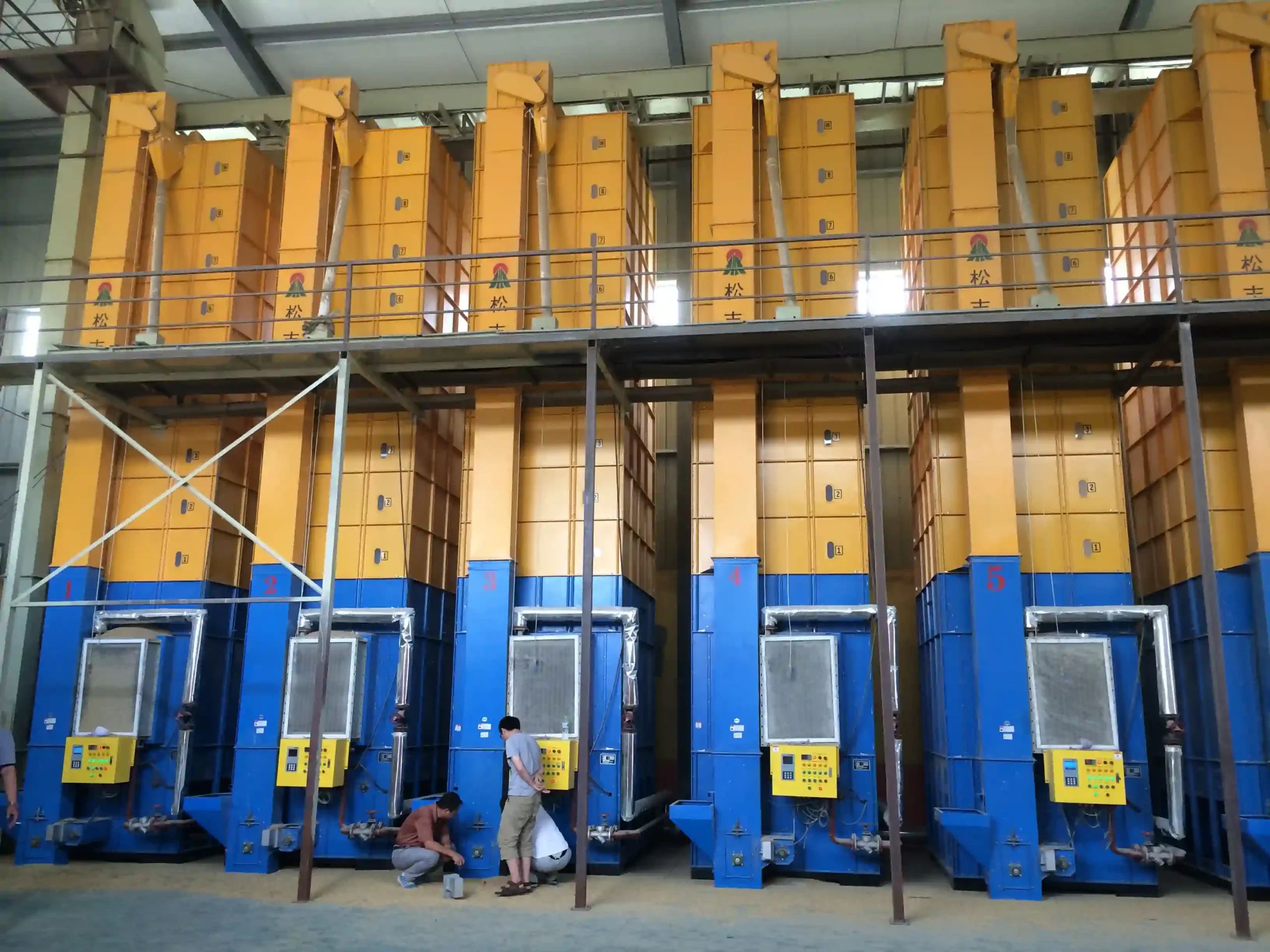 Close-up of Presun 5HPX-30C batch recirculating paddy rice dryer showing PLC control panel and modular design